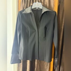 Donna Degnan Black Blouse Size 8 Faux Leather Collar & Cuffs